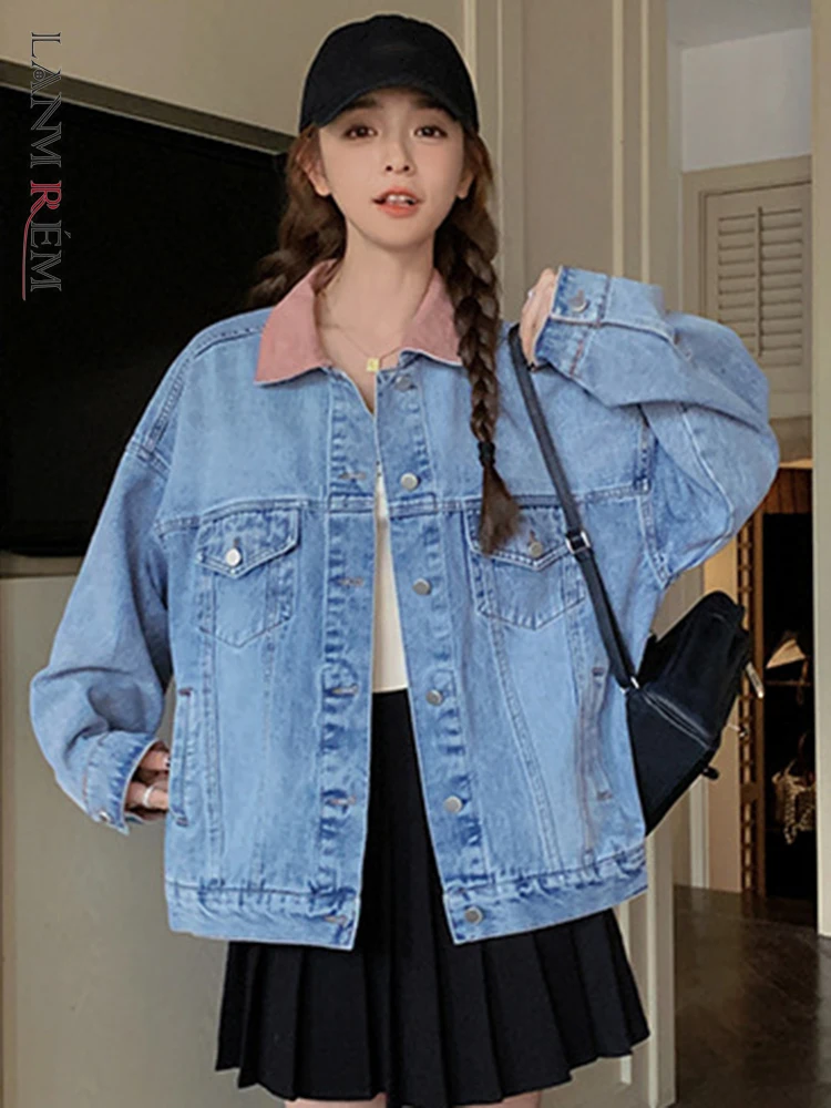 

LANMREM Vintage Denim Jackets Women Contrast Color Lapel Single Breasted Coat Streetwear 2023 Autumn New Clothing 2AA1922