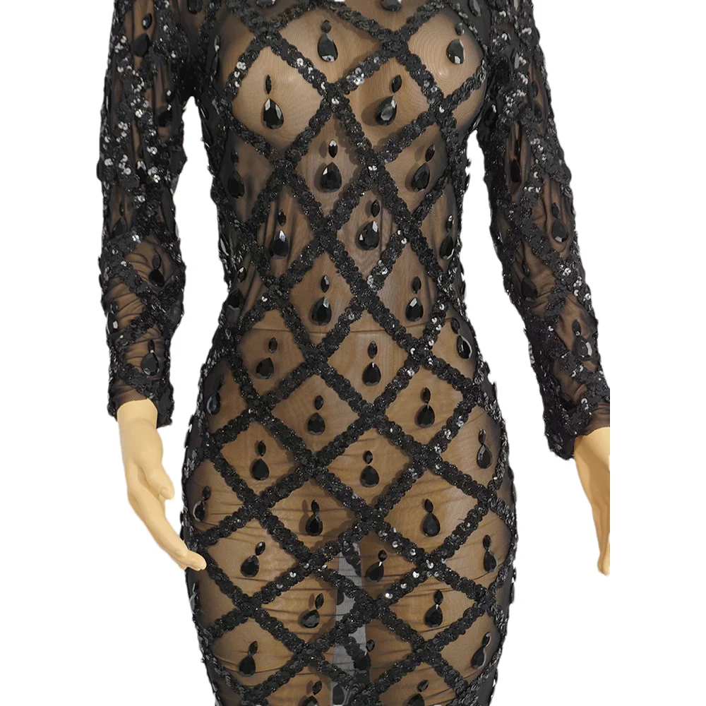 Платье с полным обхватом из черных камней, прозрачными длинными рукавами и высоким воротником, для вечерних мероприятий и фестивалей, с камнями-страсами.