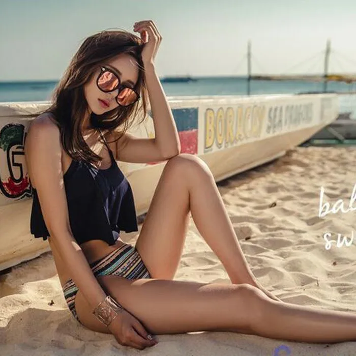 Новые Сексуальные черные бикини с принтом и оборками купальник из двух предметов