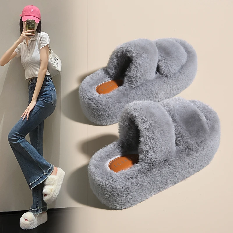 

Hairy Slippers 2023 Autumn and Winter New Double Belt Thick Sole Increase Comfort for External Wear Cute Home Slippers