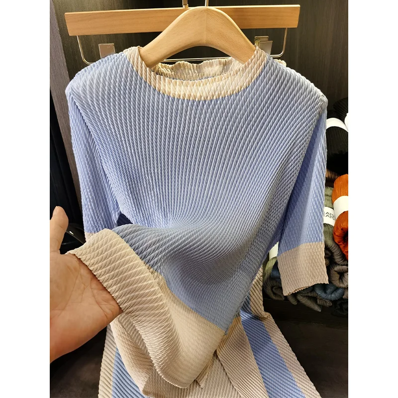 

Dragon Scale Pleated Blocking Five-minute Sleeve Blouse Half Skirt 2-piece Miyake Fashion Suit Female 2023 Autumn New Plus Size