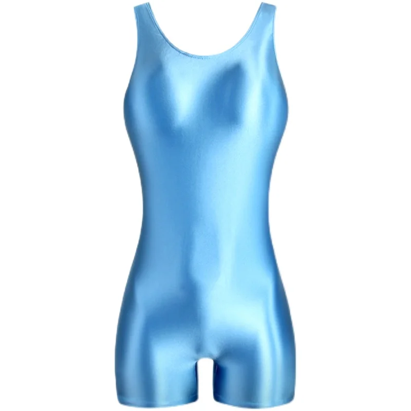 DROZENO Solid color stretch gloss tights body shaping bodybuilding sports jumpsuit women's vest with three-quarter pants