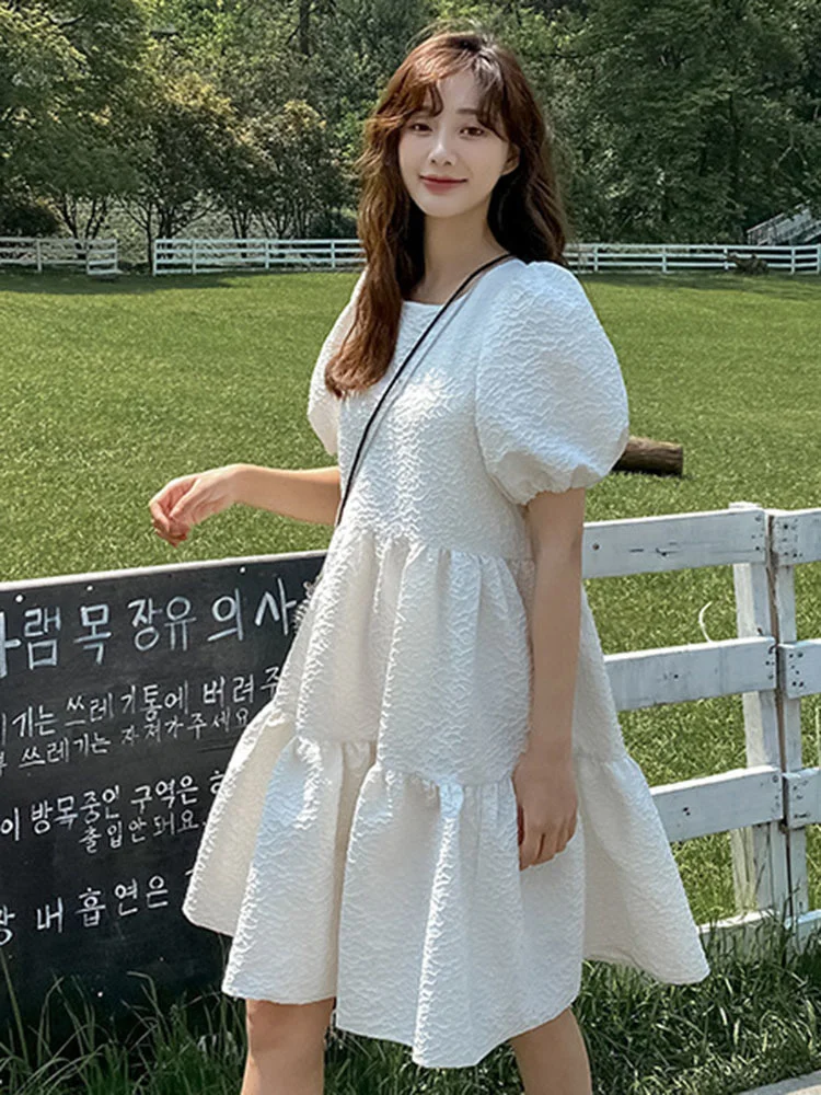 

Jacquare White Dress Short Puff Sleeves Round Neck 2022 Summer Cute Dresses For Women Party Clothing G618