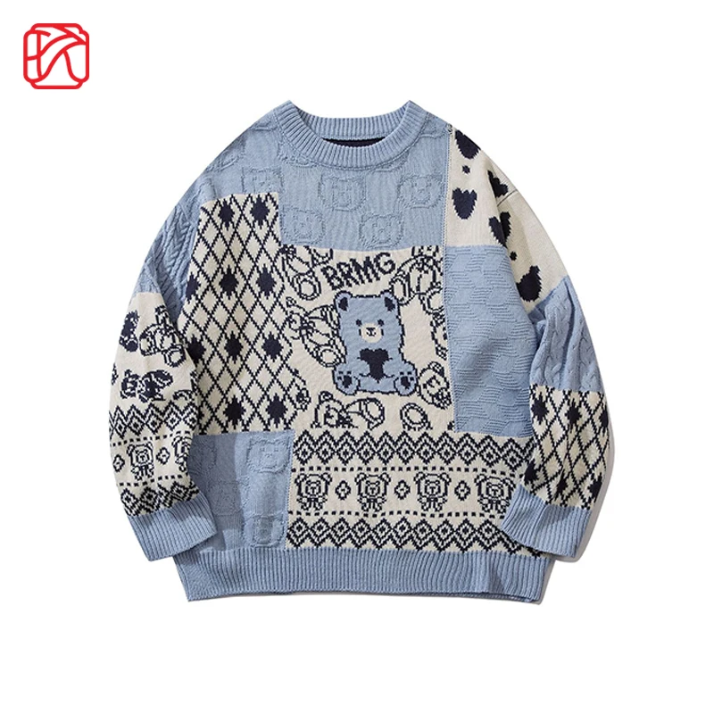 

O Neck Stitching Sweaters Men's Autumn Winter 2022 New Loose Bear Knitted Sweater Couple Casual Fashion Long Sleeve Sweater Coat