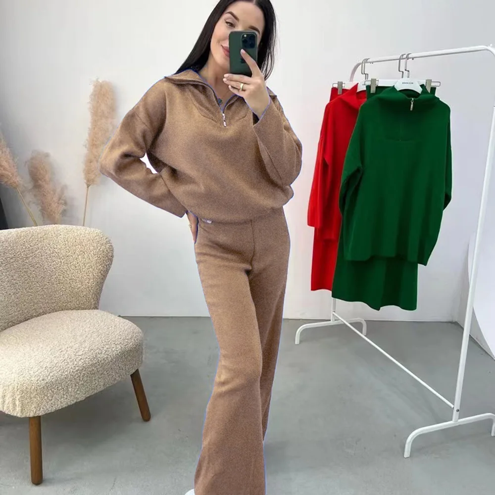 

Женские комплекты из 2 предметов, осенне-зимний пуловер на молнии с воротником, свитер и брюки с высокой талией, трикотажная одежда, элегантные женские костюмы