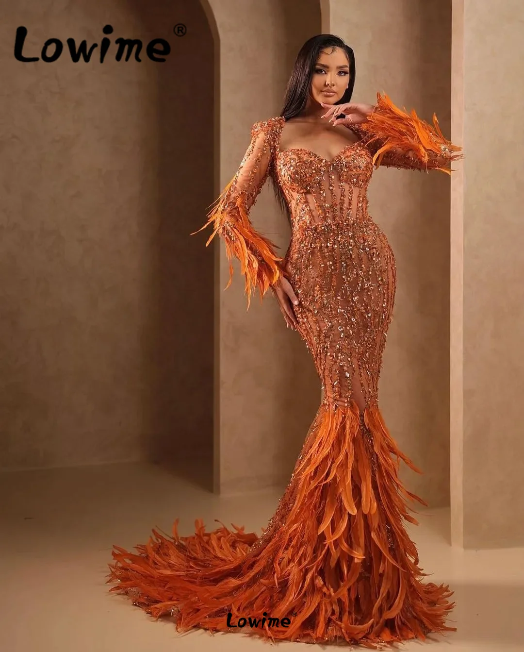 

Orange Feathers Evening Dresses Long Sleeves Crystals Mermaid Arabic Dubai Design Party Gowns 2023 Customize Sequined Prom Dress