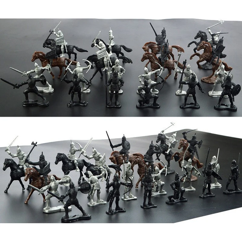 28pcs/set Medieval Warrior Horse Cavalry Knight Middle Age Castle War Solider Chess Figure pack Collections for Kids Boy Adult