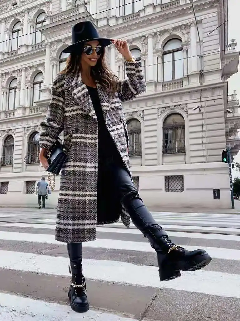 

Autumn Winter Women Thick Warm Woolen Checked Jacket Casual Plaid Long Coat Female Oversized Blends Overcoat Manteau Femme Hiver