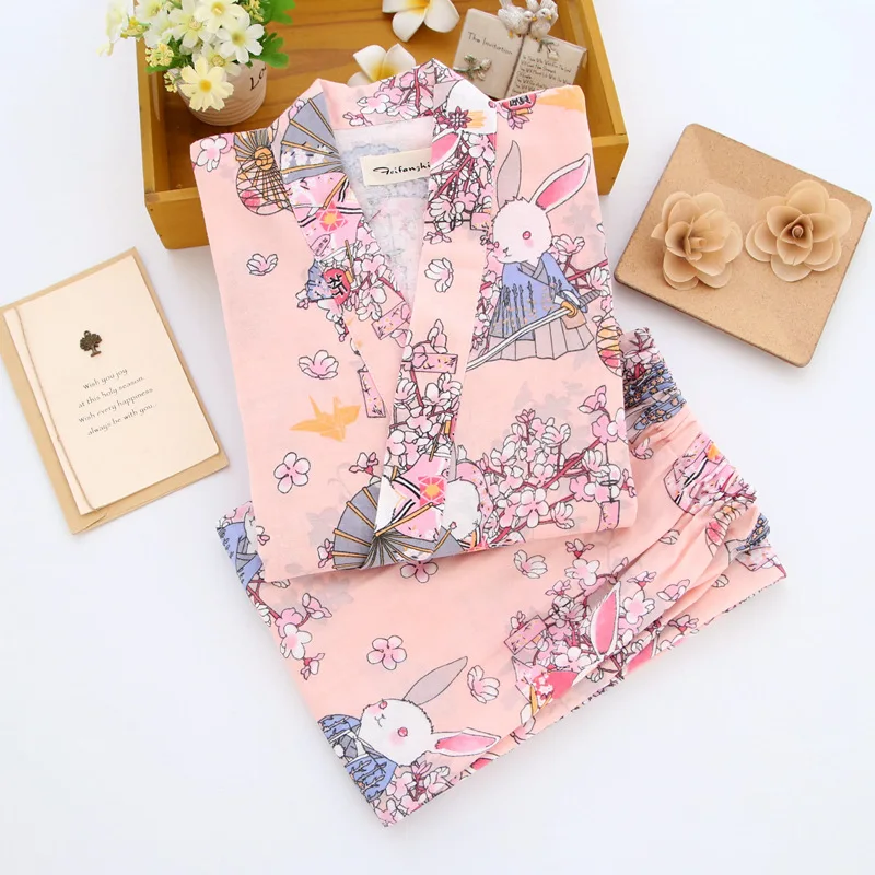 Cotton Double-layer Gauze Home Women's Sleepwear and Autumn Thin Three-quarter-sleeved Trousers  Sweat-steaming Two-piece Suit