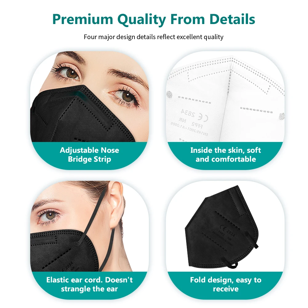 5 слоев KN95 маски черные ffp2mask FFP2 одобренные CE FP2 FPP2 neгра 95% фильтрующий респиратор
