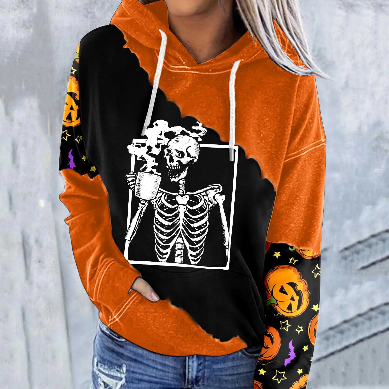 

Women Casual Hoodie Halloween Print Colorblock Sleeve Pocket Drawstring Hoodie Casual Tie