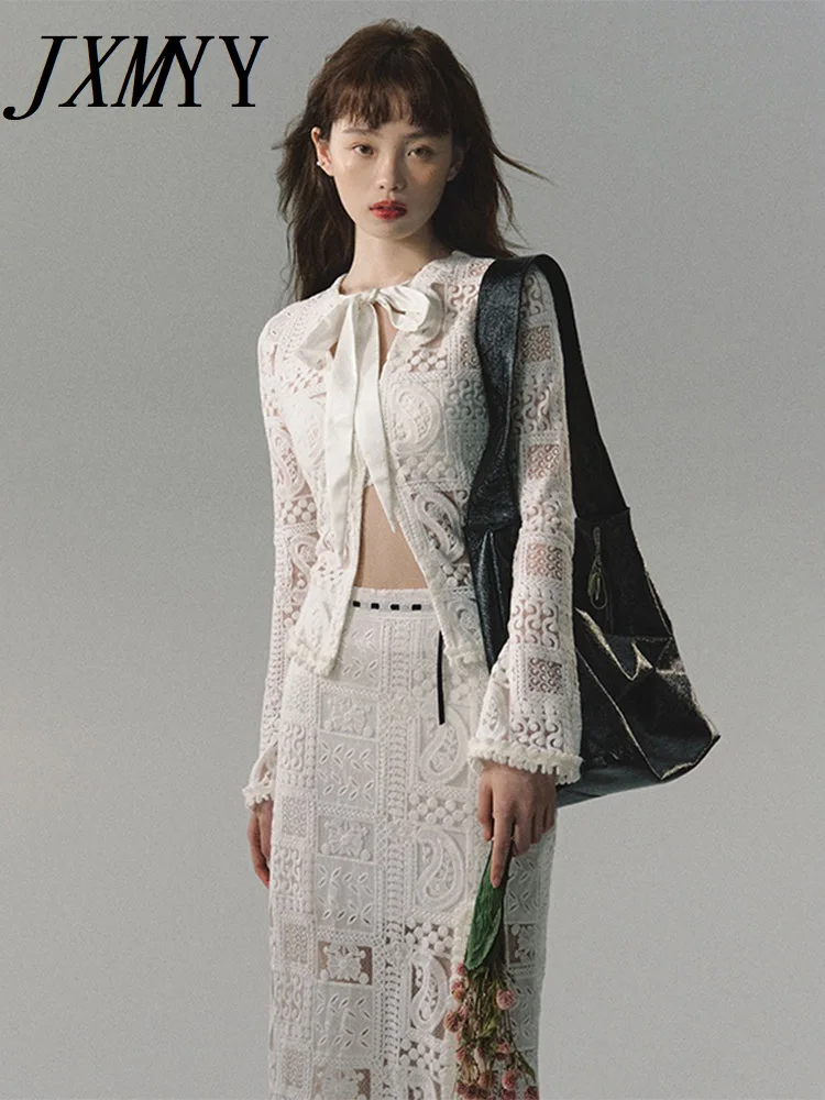 

JXMYY Spring And Autumn Fashion New Bow Lace Elegant Style Top + Senior Sense Skirt Two-Piece Set For Women