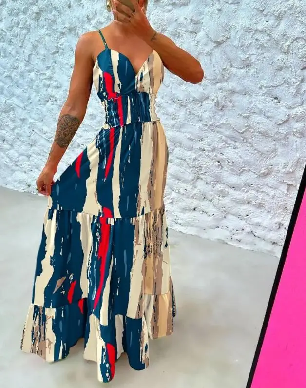 

Elegant Summer Dresses for Women 2023 Smock Hanging Strap Printed Ruffle Edge Sexy Long Dress 2023 New Fashion Women's Dress