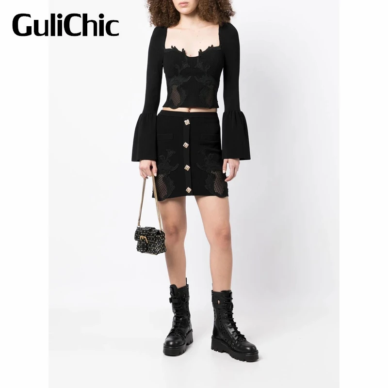 

11.12 GuliChic Women Temperament Slim Short Flared Pullover Sleeve Knitwear Or Hollow Out Embroidery Knit Package Hip Skirt Set