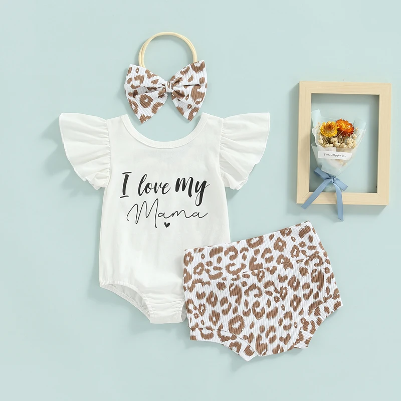 

Newborn Girl Mothers Day Outfits Fly Sleeve Letter Printed Romper + Leopard Short Pants + Bow-Knot Headband Set Khaki 0-18 M