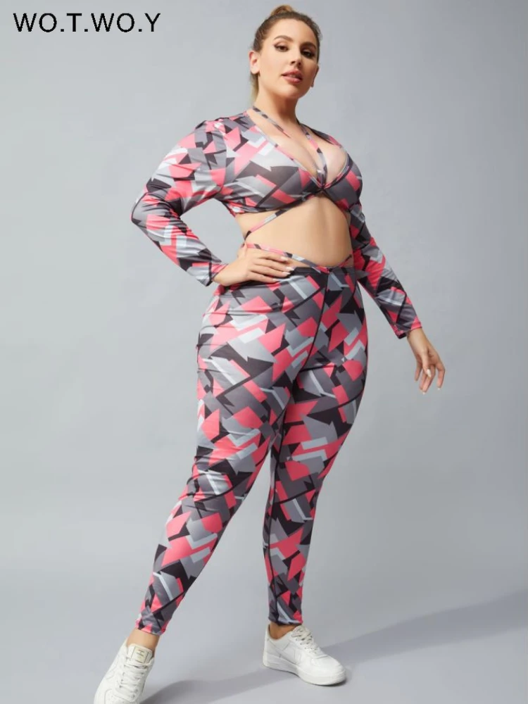 

WOTWOY Plus Size Two-piece Suit Women Rhombus Pattern Quick-drying Sexy Yoga Clothes Female V-Neck Bra and Elastic Waist Pants