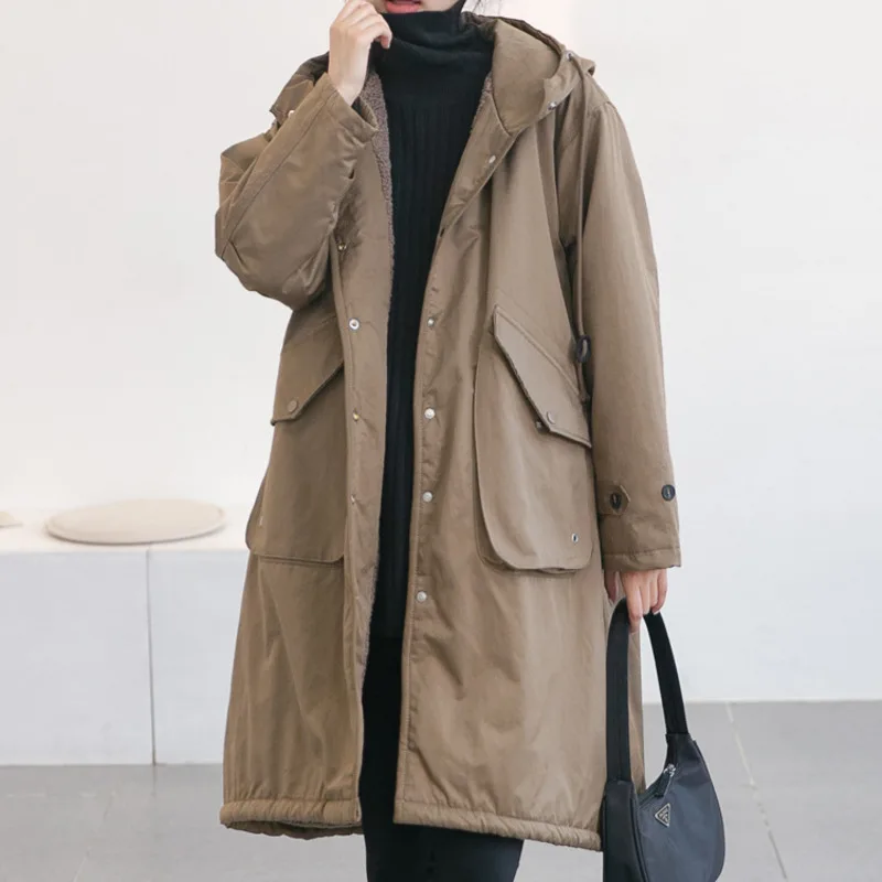 

XUXI 2022 осень-зима свободная ветровка женская с капюшоном с широкой талией модное пальто с длинным рукавом средней длины E4857