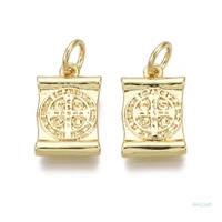 1pc brass charms with jump ring nickel free rectangle with saint benedict with word cssmlndsmd real 18k gold plated