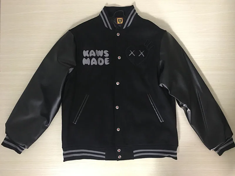 HUMAN MADE Jackets Embroidered Men's Women's 1:1 Patchwork Leather Sleeve Loose Human Made Baseball Jackets