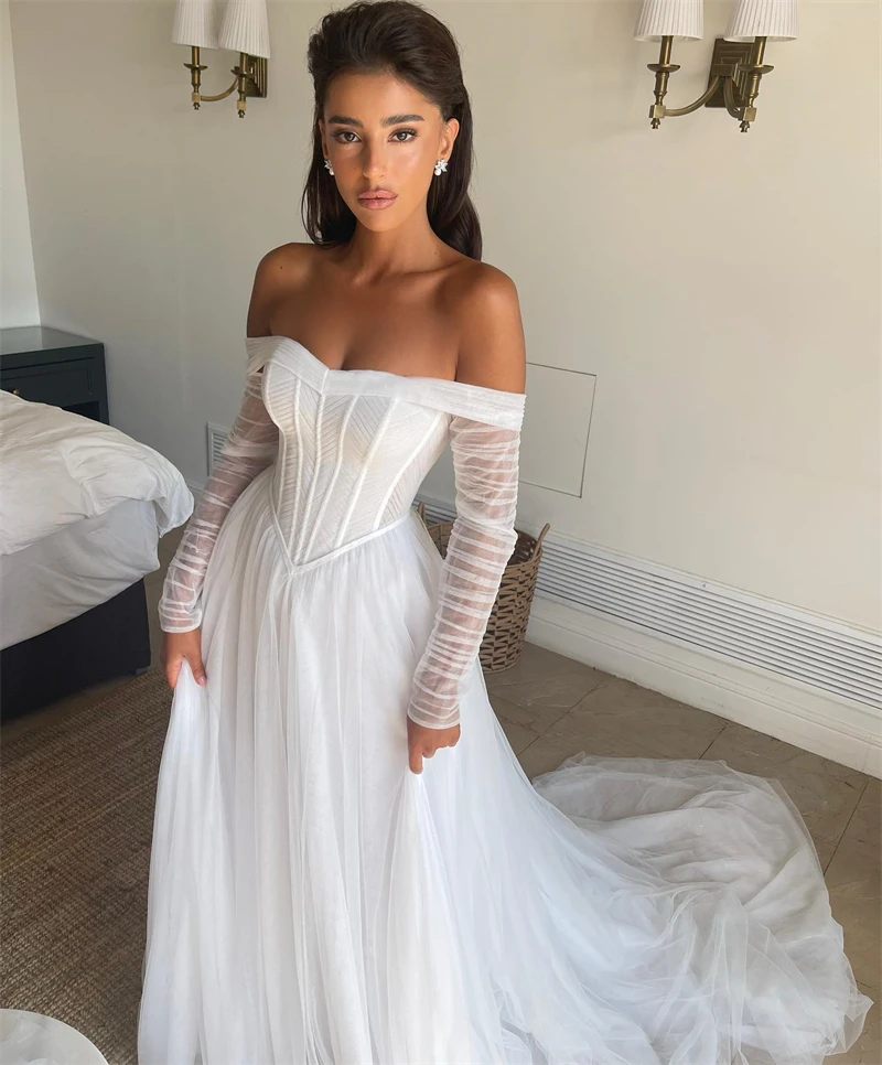 Платье женское свадебное ТРАПЕЦИЕВИДНОЕ с длинным рукавом и открытыми плечами