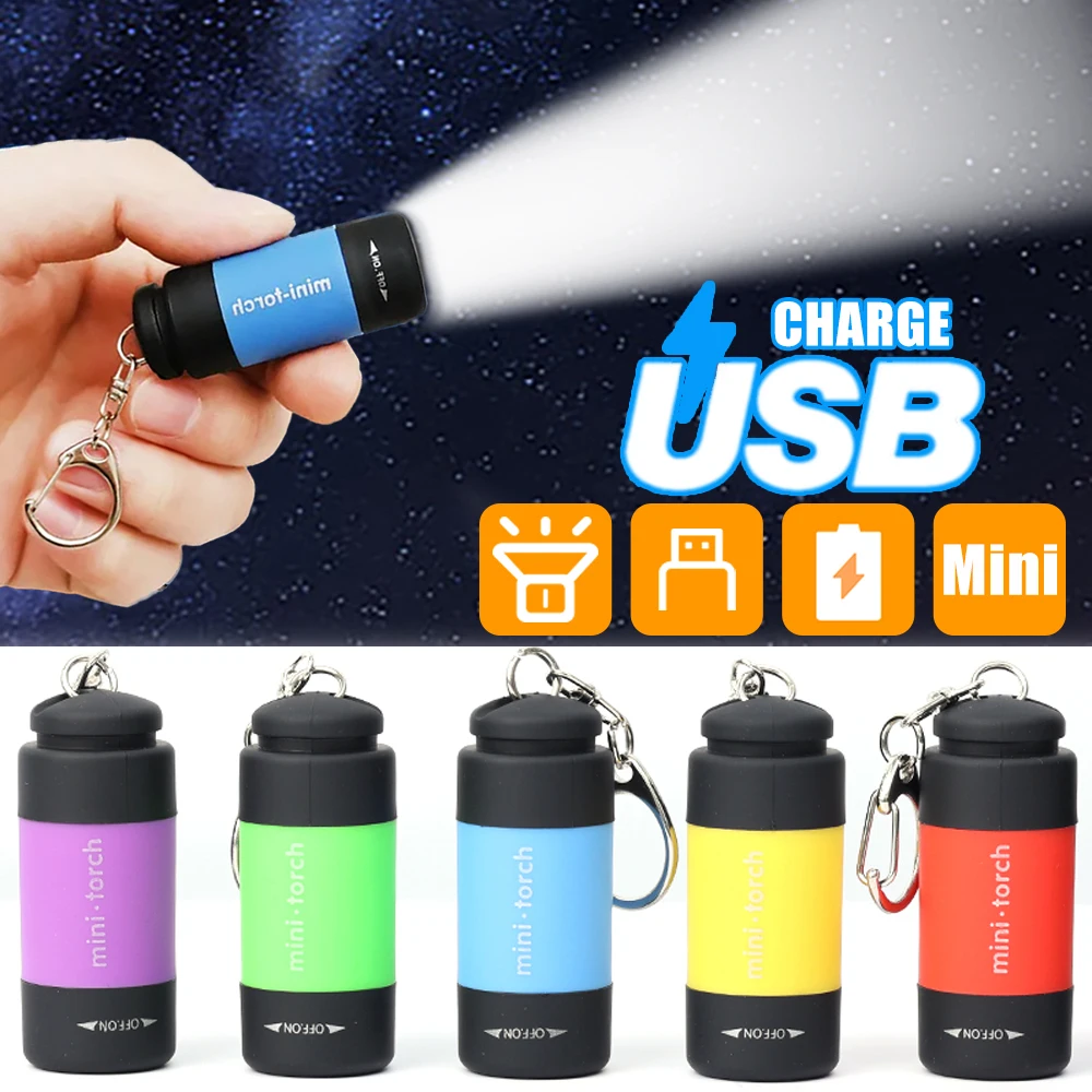 

Mini LED Flashlights with Keychain Portable USB Rechargeable Torch Light Waterproof Outdoor Traveling Hiking Camping Torch Lamp