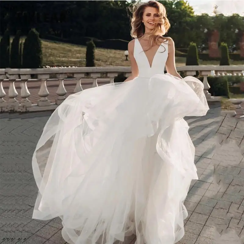 

TIXLEAR Puffy White Wedding Dress For Women Bride 2022 Fashion Tulle V-neck Tiered Skirt Bridal Gown Vestido De Robe De Marie