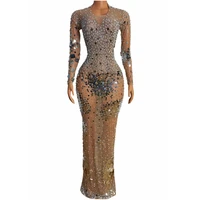 rhinestone mirror sequins long dress skinny see through dress women party red carpet dress nightclub singer show actor outfits
