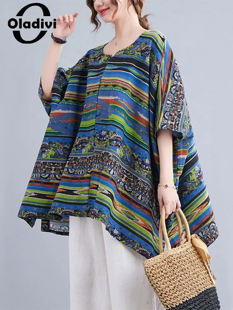 

Oladivi Fashion Print Cotton Linen Blouses Woman Summer Large Size Oversized Clothing Ladies Retro Shirts Tops Blusas 5175 L-4XL