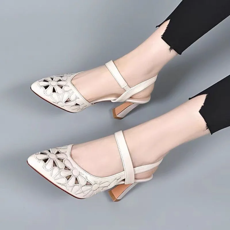 

Women High Heels Sandals 2022 New Ladies Summer Pointed Fine Heel Baotou Korean Buckle Shoes Women Shoes Black Work Wedding Shoe