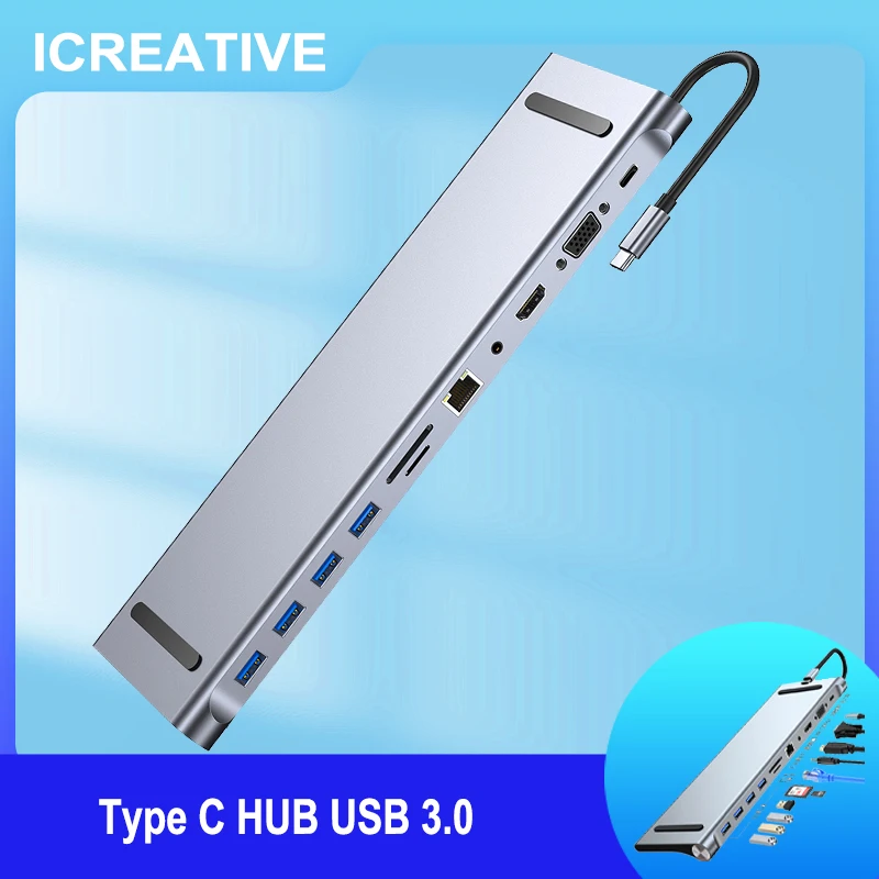 

USB Type C HUB to 3.0 USB HDMI-compatible RJ45 USB HUB for MacBook Pro USB type c 11 Ports Type C HUB USB-C HUB