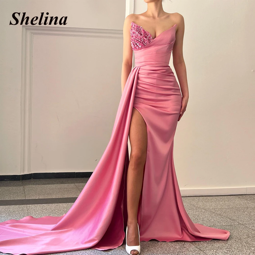 

Shelina Exquisite Sequins Slit Prom Evening Dresses V-neck Sleeveless Stylish Prom Dress Vestidos Robes De Soirée Customized