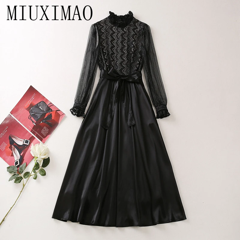 

Женское платье с длинным рукавом MIUXIMAO, элегантное однотонное длинное платье с кружевным поясом, весна-лето 2023