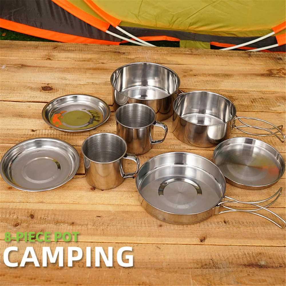 

8PCS/Set Portable Cookware Set Outdoor Camping Pot Pan Kit Hiking Mini Tableware Bowl Cup Cover 3-4 People Cooking Pan Utensils