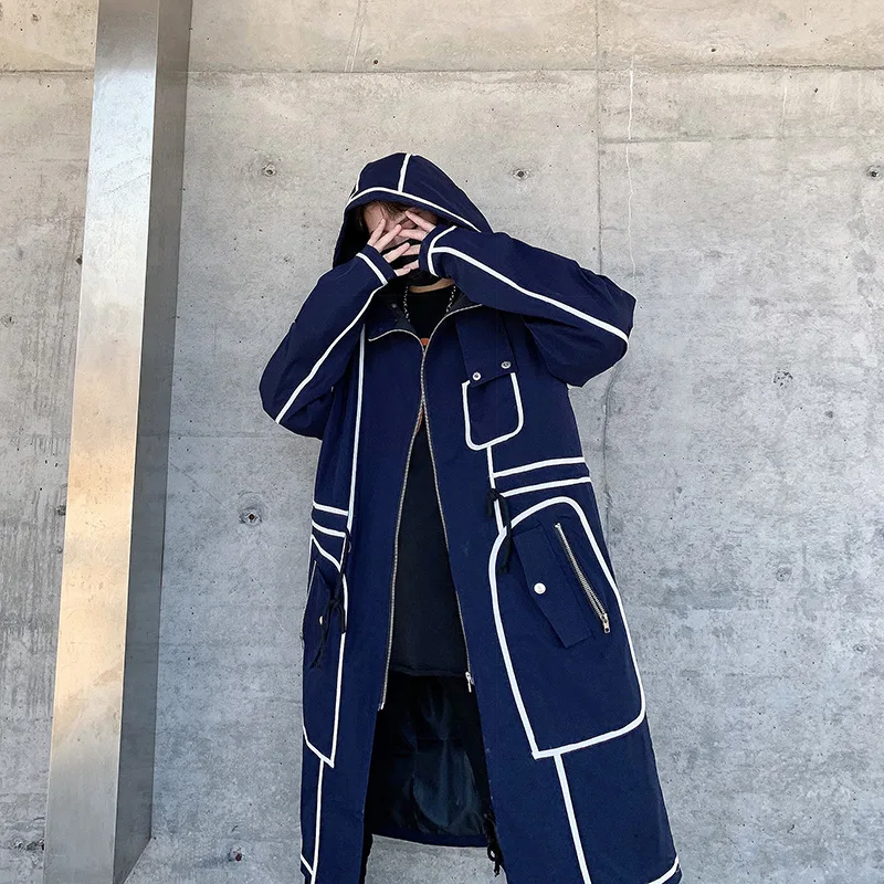 

Trench Coat Men Streetwear Long Jacket Hip Hop Line Male Fashion Windbreaker Spring Autumn Hooded Overcoat