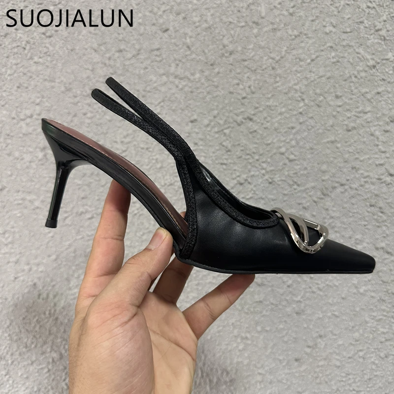 

SUOJIALUN Spring New Brand Women Sandal Fashion Metal Buckle Ladies Elegant Dress Slingback Shoes Pointed Toe Thin High Pumps