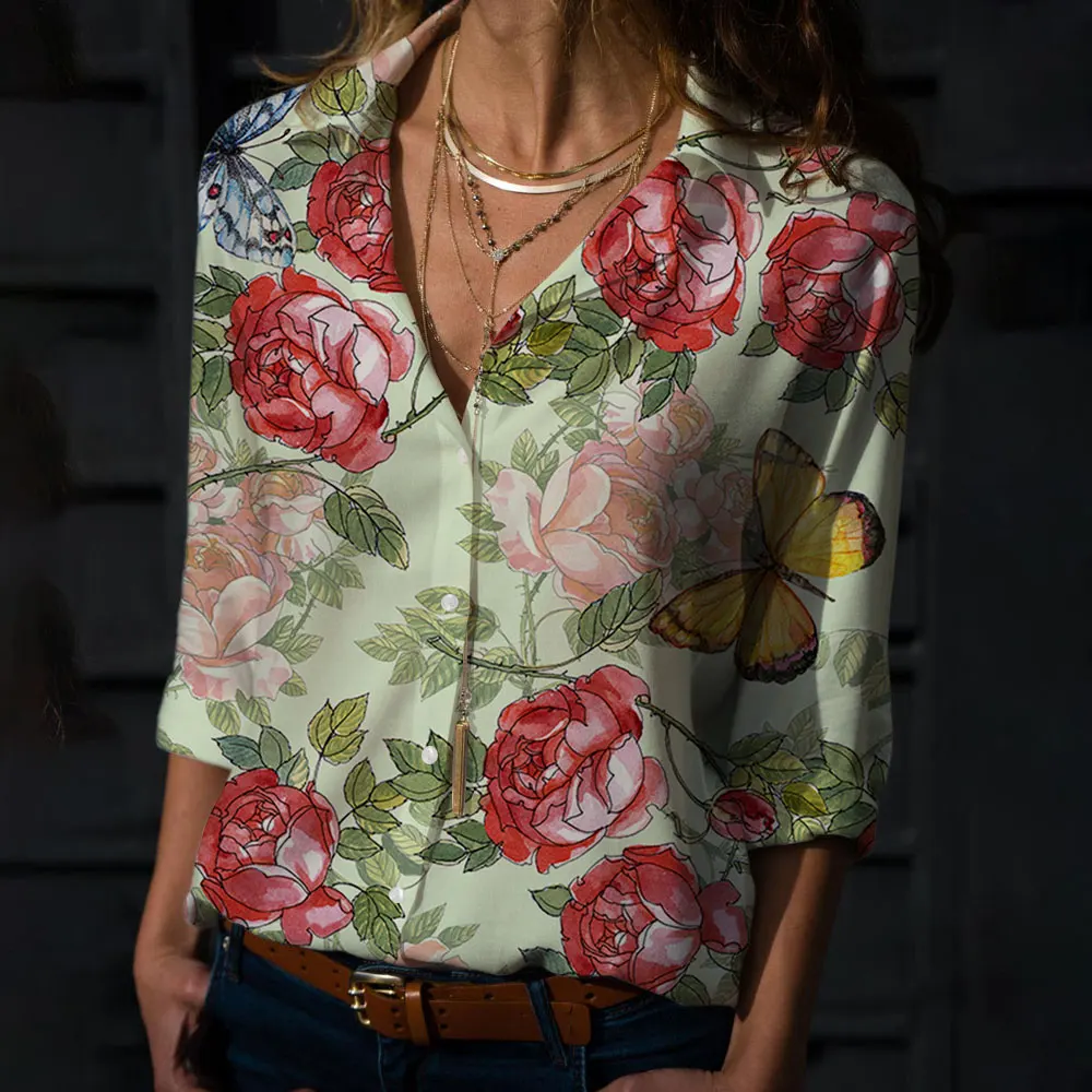 

2023 Autumn Women's Vintage Chiffon Elegant Cartoon Slim Fashion Long-Sleeved Butterfly Pattern Shirt Spring Loose Free shipping
