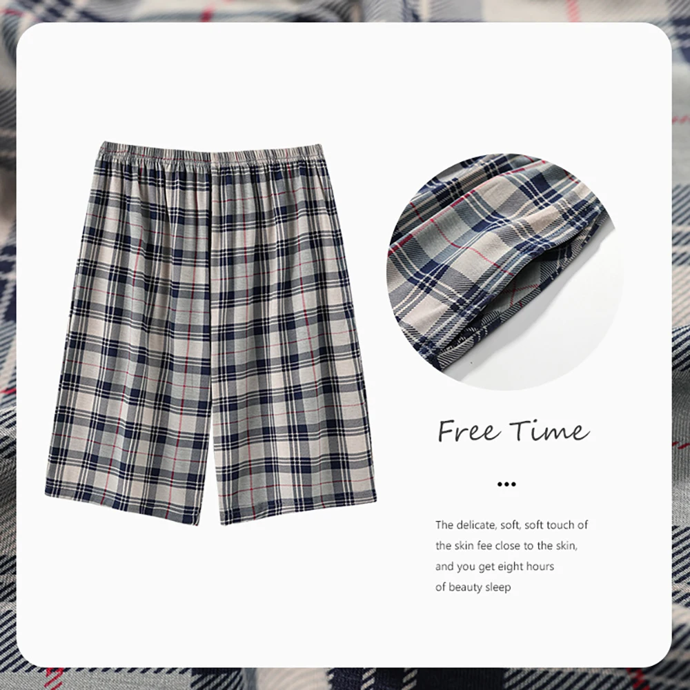 4XL Summer Cotton Plaid Pajama Pants Double Pockets PJ Pants Casual Elastic Waist Pijama Shorts Breathable Silkly pyjama homme