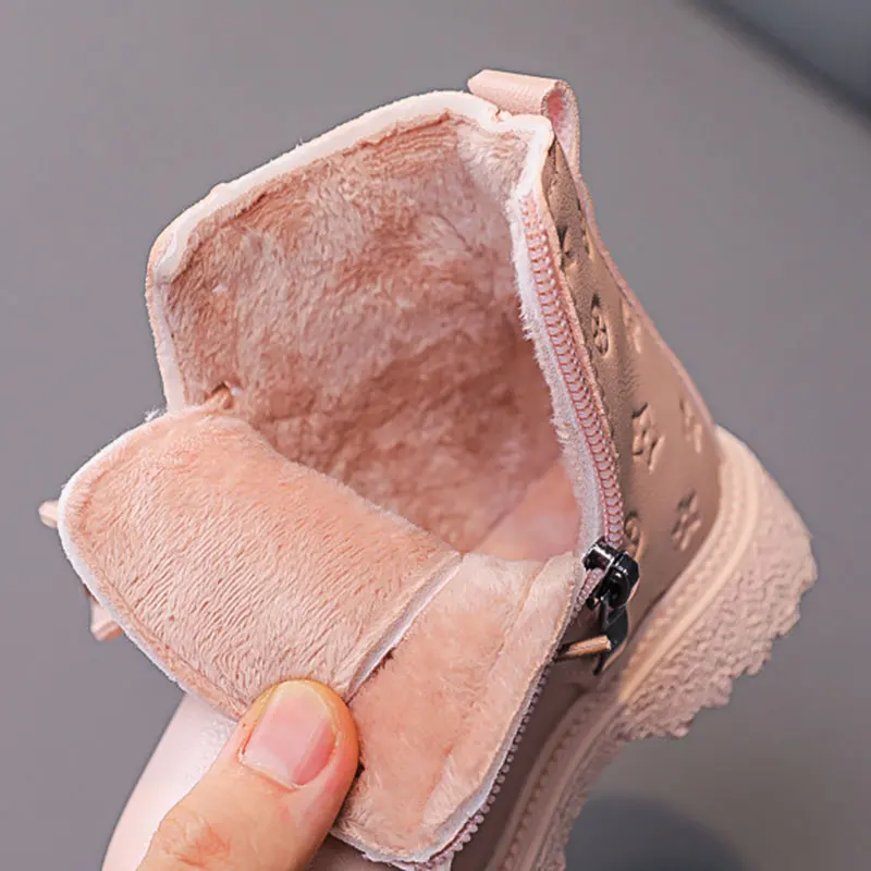 Fashion Print Children Boots Winter Plush Ankle boots Warm Soft Bottom Leather Shoes for Toddler Baby Girls Non-slip Kids Shoes