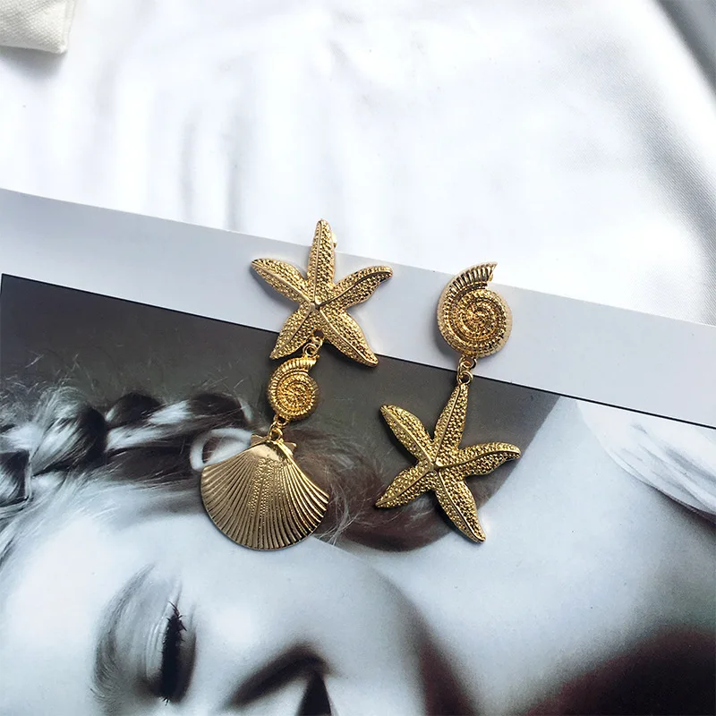 Trendy European Summer Beach Starfish Dangle Earrings for Women Gold color Conch Scallop Drop Jewelry TGG-01