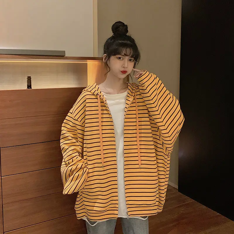 

Hoodie New Korean Style Striped Sweater Coat Women Long-sleeved Lazy Bf Wind Salt All-match Blouse Spring and Autumn ropa mujer