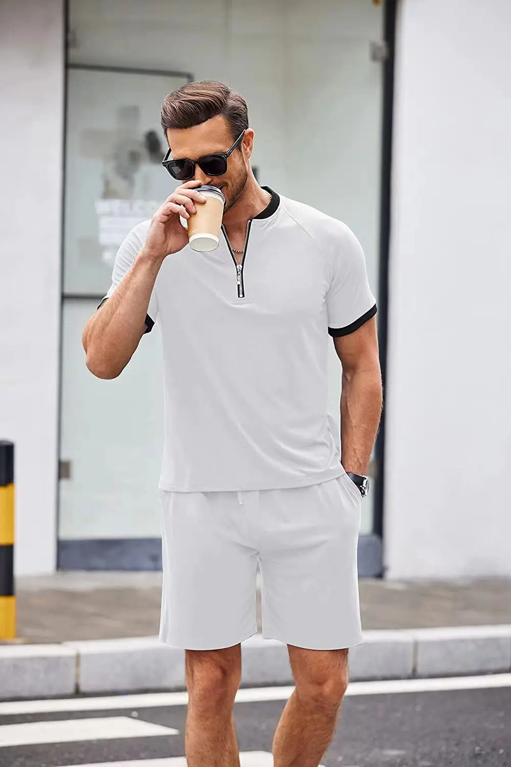 Summer men's polo shirt set comfortable breathable solid color simple casual sweatshirt a set of short-sleeved shorts two casual