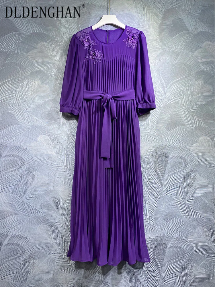 

Платье DLDENGHAN женское с круглым вырезом, длинное винтажное Плиссированное, с коротким рукавом, с вышивкой бисером и аппликацией, весна-лето