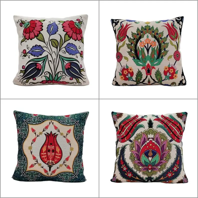 

4pcs/set Turkish Tulip Tile Pattern Pillow CoverGobelin Tapestry PillowcaseWoven Ethnic Throw Pillow TopHandmade Rug