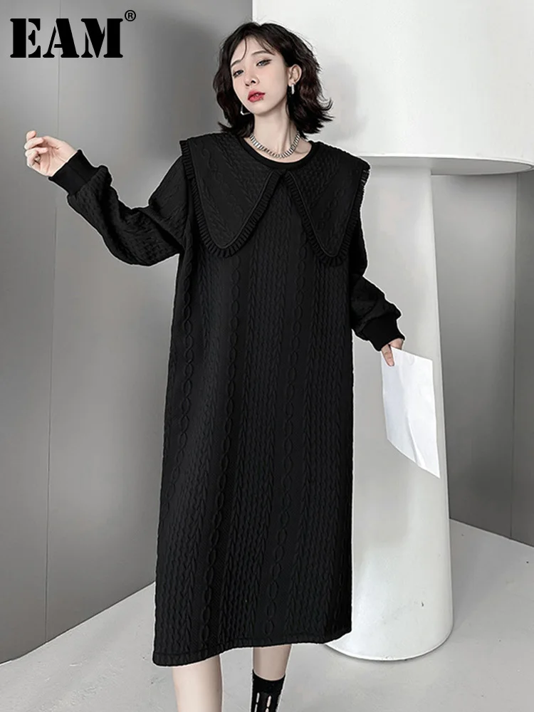 

[EAM] Women Black Big Size Long Thick Dress New Peter Pan Collar Long Sleeve Loose Fit Fashion Tide Spring Autumn 2023 1DF3220