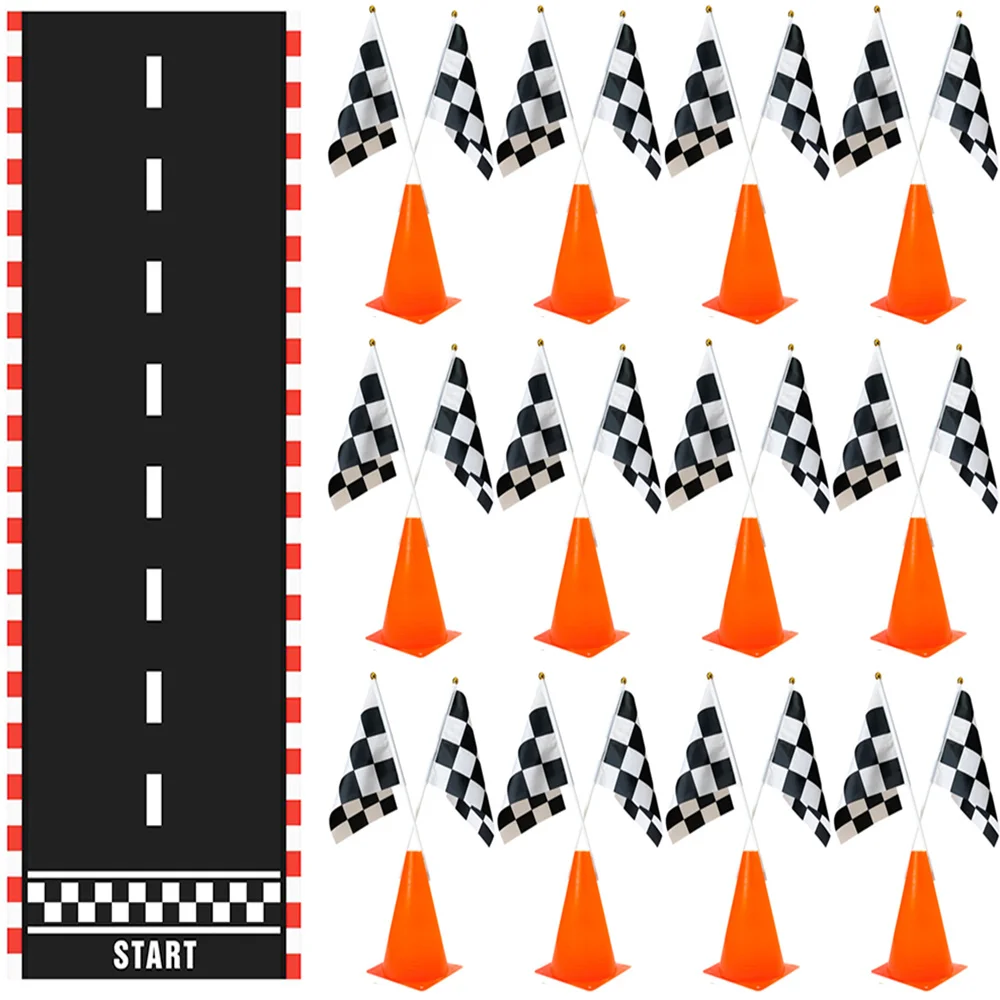 

12 Traffic Cones Red Orange with 24 Checkered Flags Racetrack Floor Runner Race Car Birthday Party Supplies Racing Theme Decor