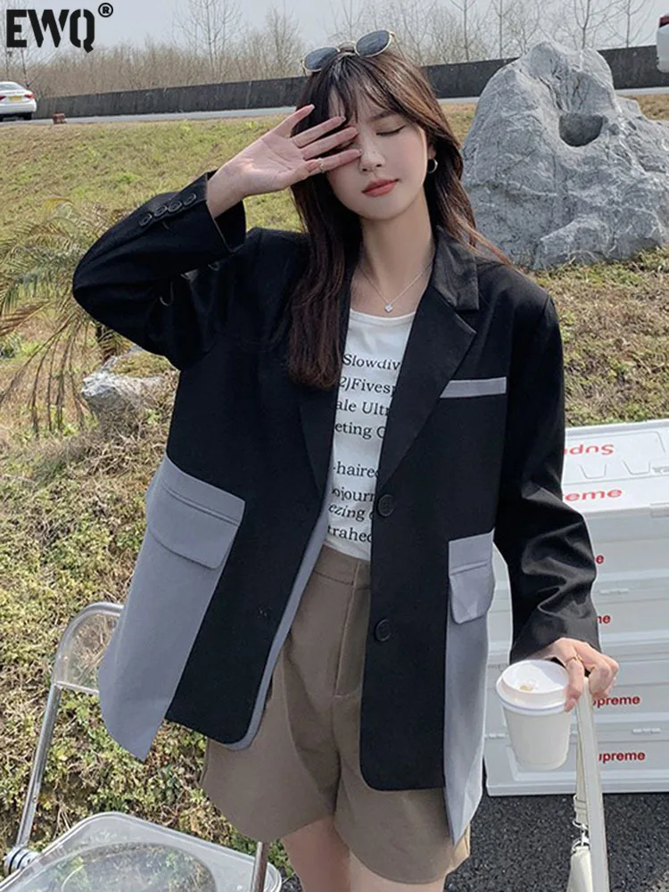 

Женский блейзер с длинным рукавом [EWQ], черный свободный Блейзер контрастных цветов с отложным воротником и карманами, новинка весны 2023