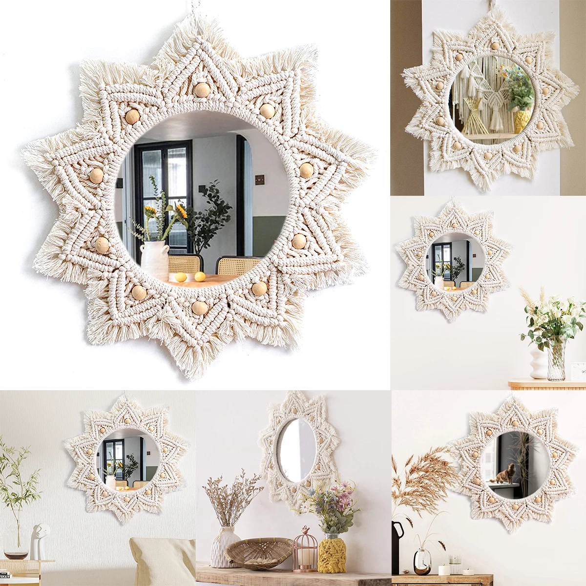 

Зеркало-макраме, настенное висячее плетеное зеркало в стиле бохо с орнаментом, декоративное круглое зеркало в стиле бохо, Деревенское макра...