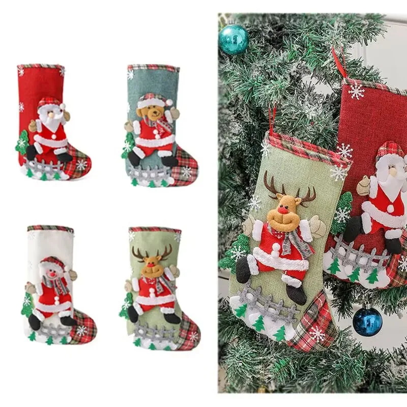 

Large Christmas Socks Linen Fence Christmas Candy Gift Bag Santa Sacks Snowman Elk Bear Xmas Tree Pendant Ornament
