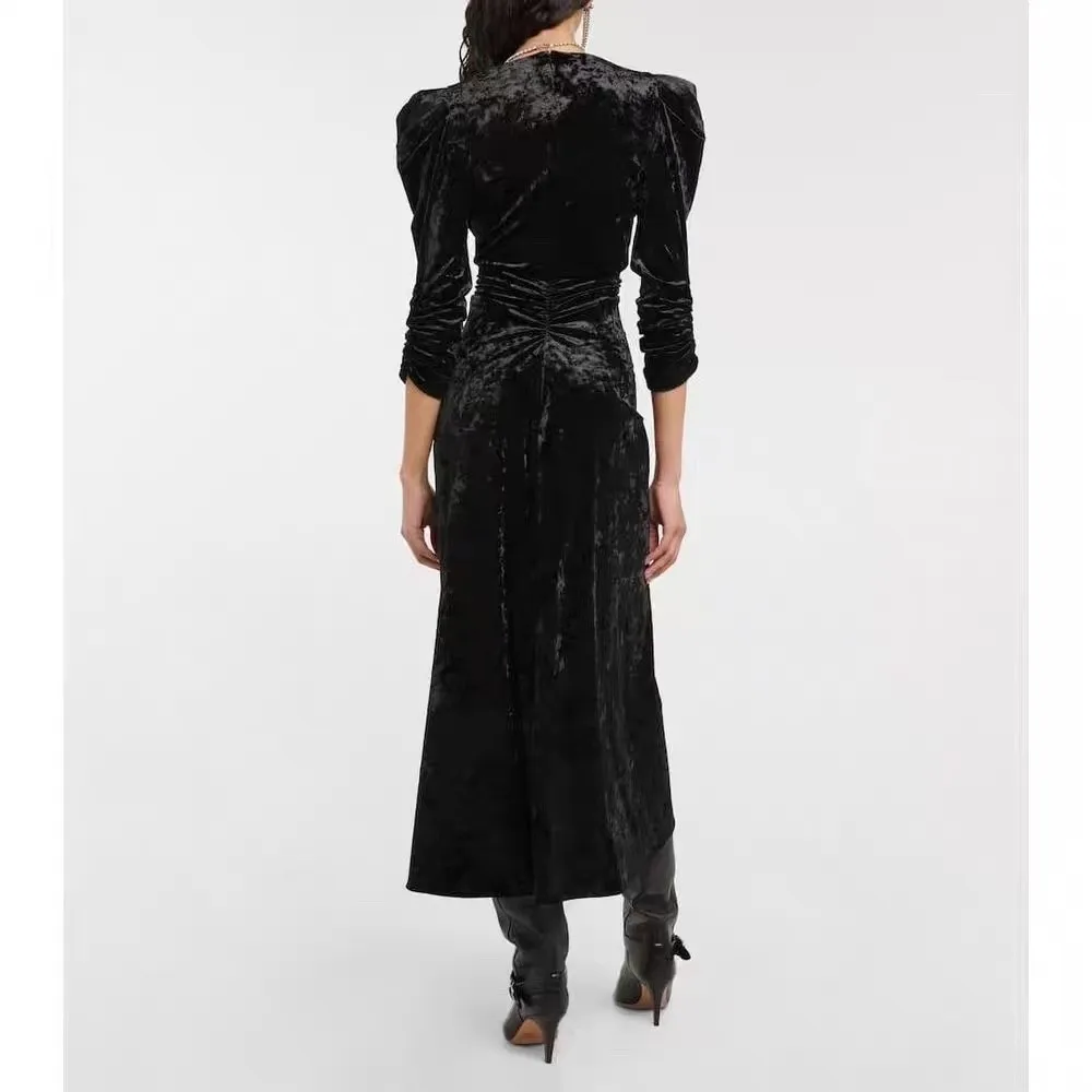 2023 New Black Velvet Long Sleeve Women Midi Dress