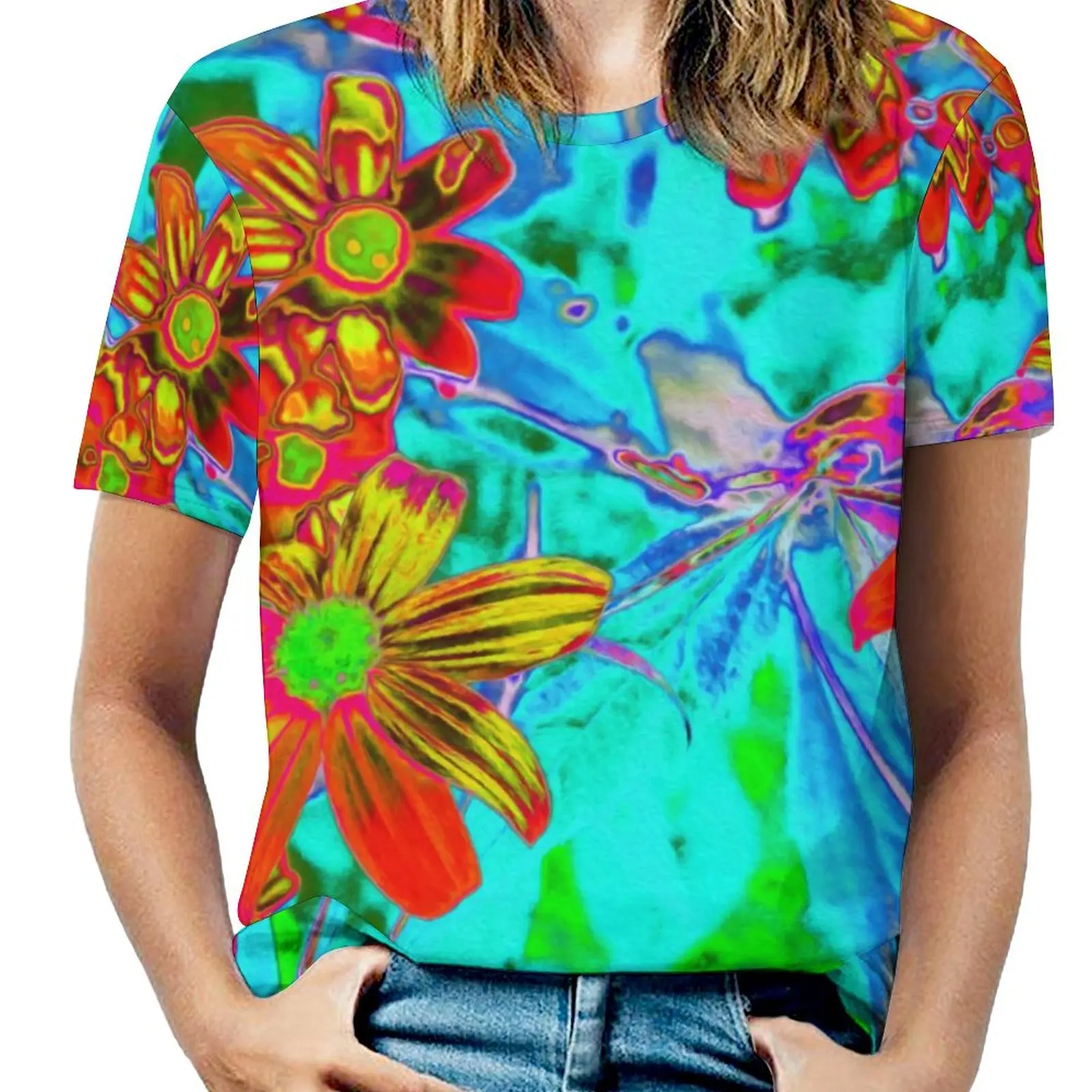 

Yellow Orange Flower T-Shirts Abstract Tropical Print Casual T-Shirt Short Sleeve Elegant Oversize Tee Shirt Beach Graphic Tops